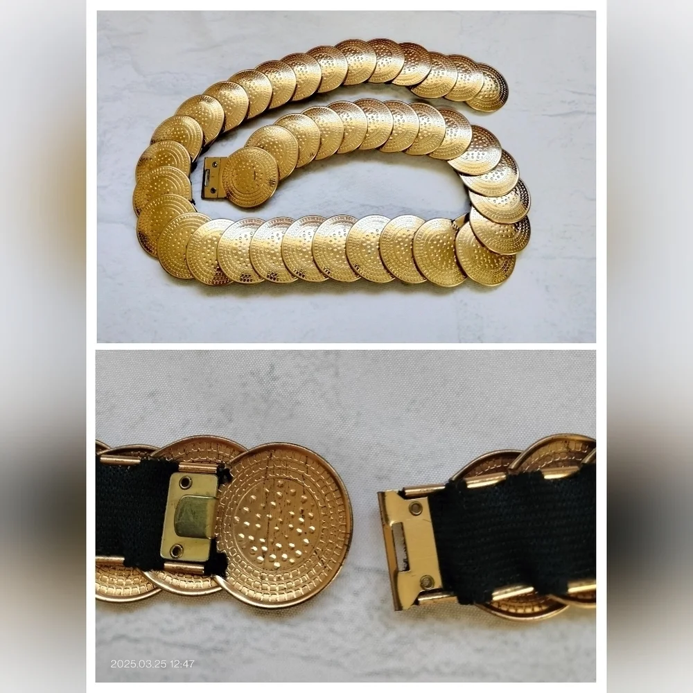 Gold Tone Coin Stretch Belt Glam Rock 80s Vintage Retro Women's